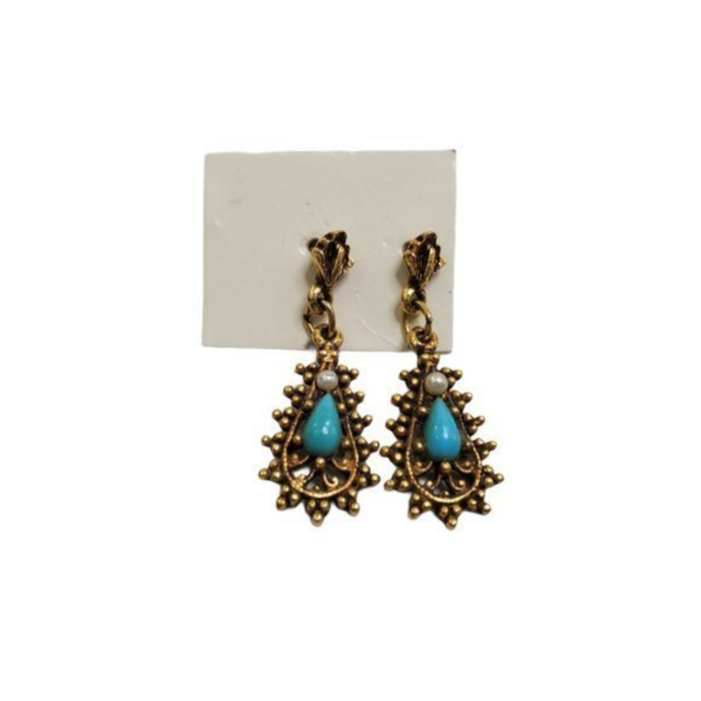 Boho‎ Earrings Tribal Blue Gold Tone Dangle Teardro